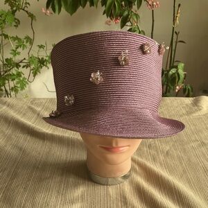 Elegant Metallic Pink Women's Hat with Pink Crystal Butterfly Accents